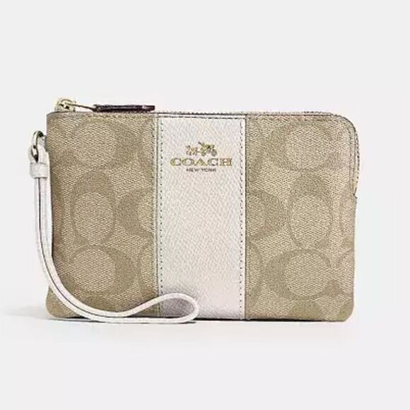 Coach Corner Zip Wristlet In Signature Canvas Gold/Light Khaki Chalk NWT in pkg - Picture 1 of 5
